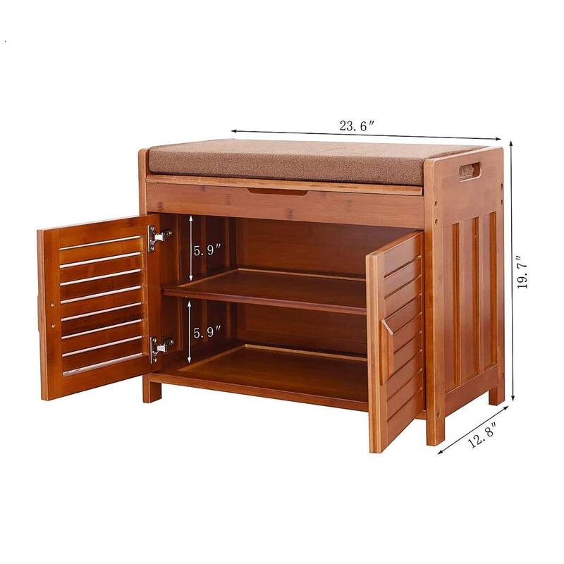 Shoe Storage Bench, Bamboo Shoe Rack with Door Storage Space and Soft Cushion