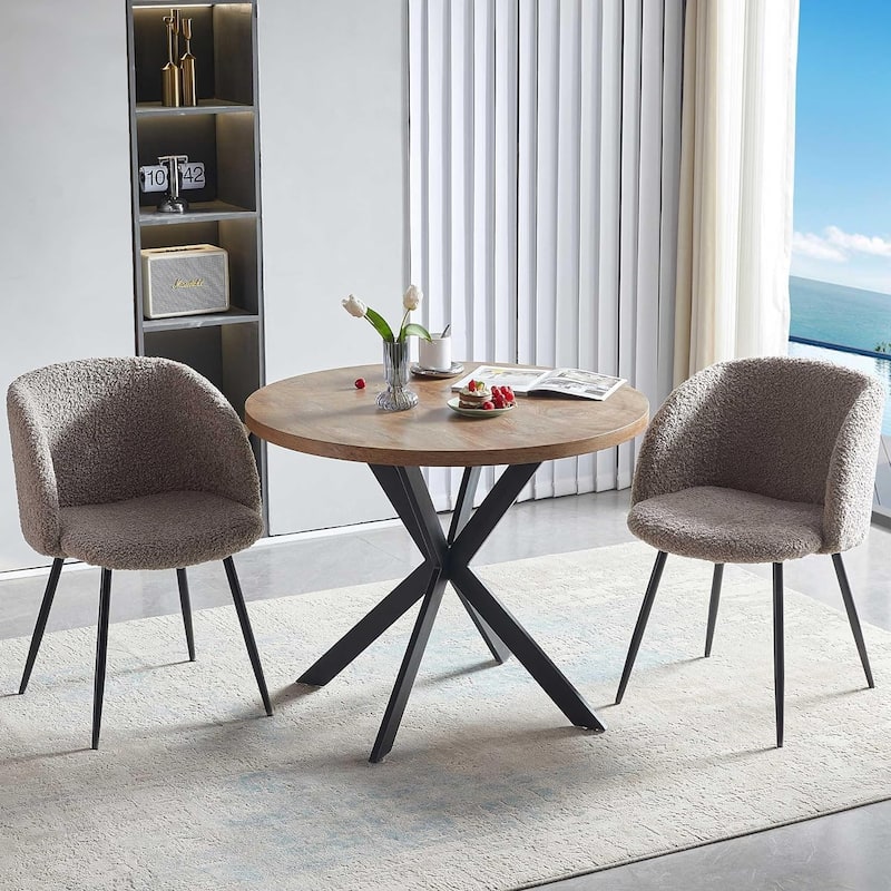 Howtai Round Dining Table Set with Fluffy Sherpa Arm Chairs Space Saving - 1*Table+2*Arm Chairs - Brown