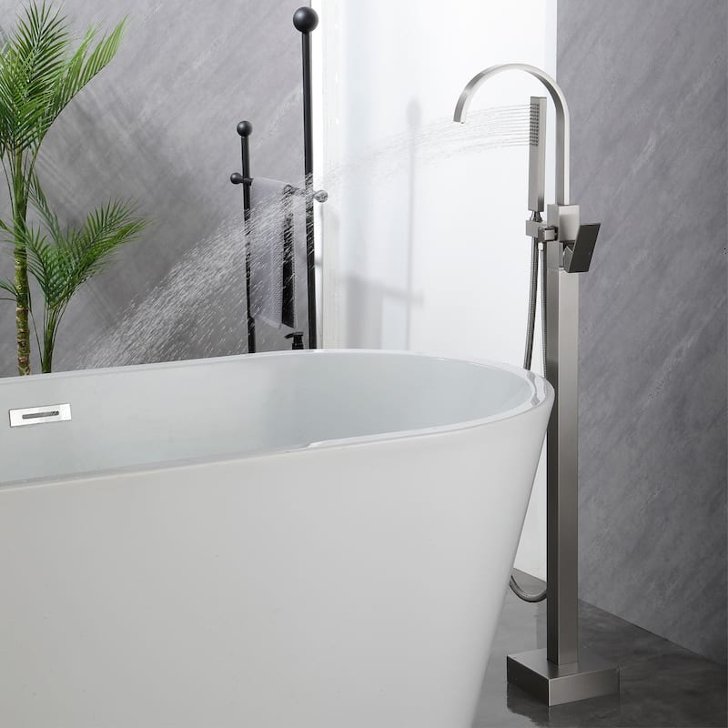 Freestanding Tub Faucet With Hand Sprayer Floor Mount Roman Bathtub Faucet Modern Waterfall Tub Filler Trim With Handheld Showe - Brushed Nickel
