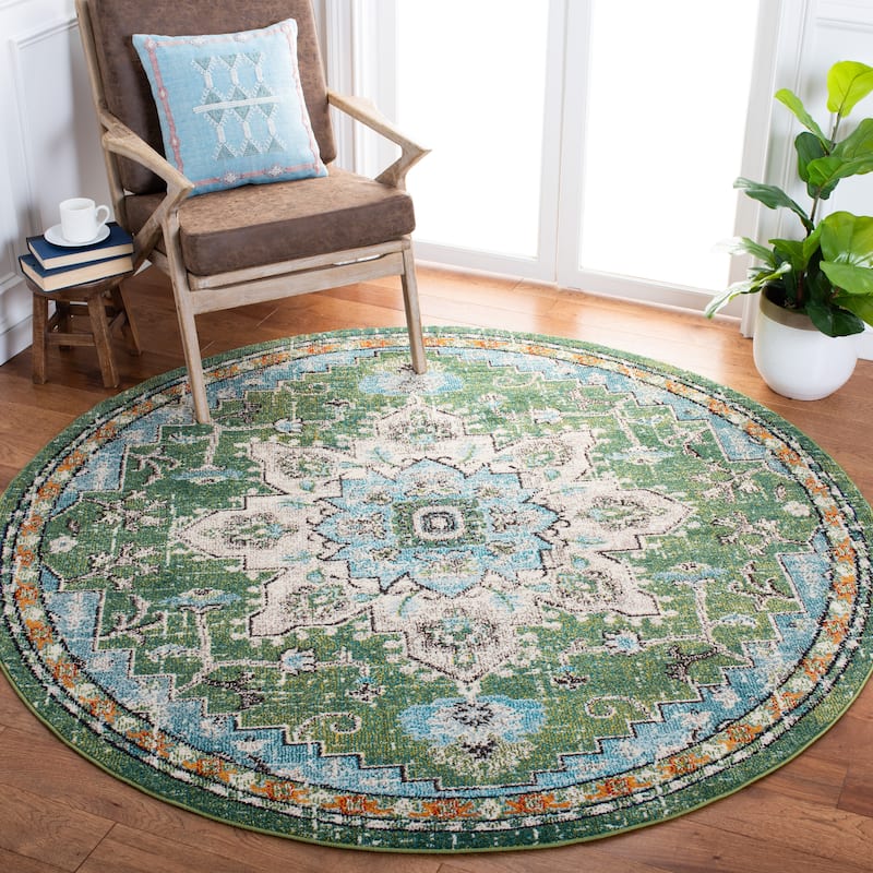 SAFAVIEH Madison Diederike Boho Medallion Distressed Rug - 4' x 4' Round - Green/Turquoise