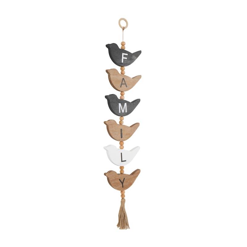 Brown or Black Wood Handmade Family Sign Bird Wall Decor with Tassel and Bead Accents