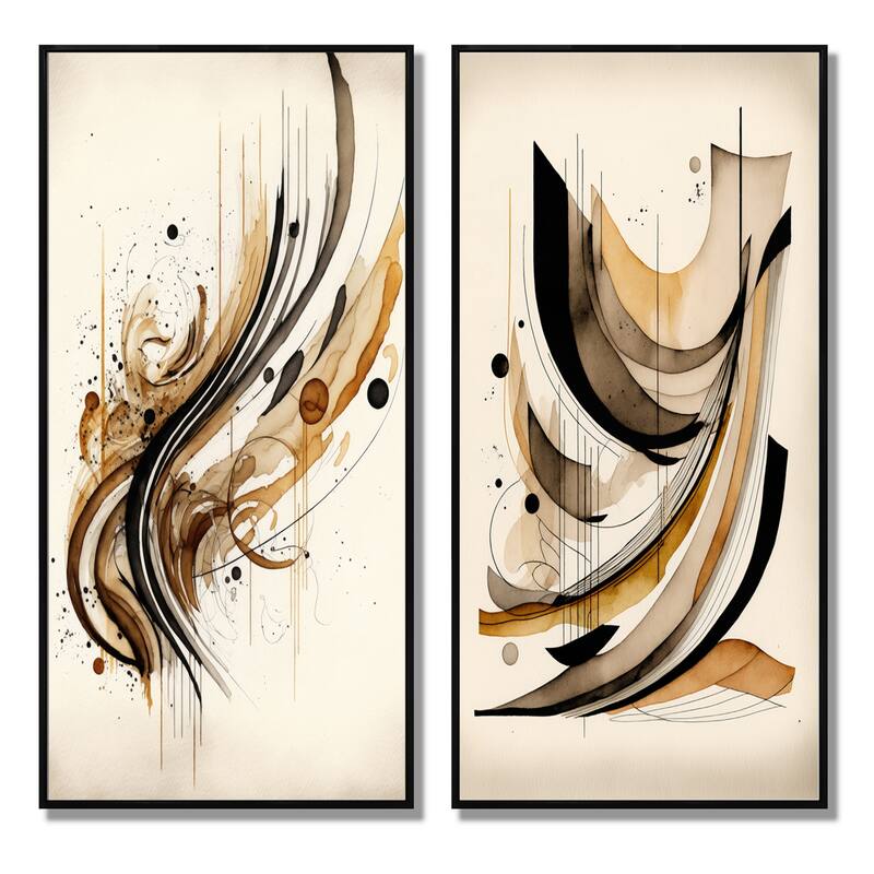 Designart "Brown And Black Movement" Abstract Minimalism Framed Wall Art Set Of 2 - Brown Wall Art Set Of 2