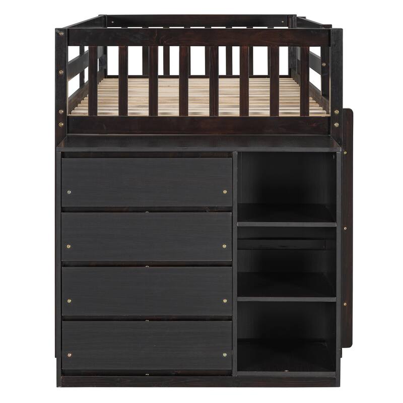 Twin Over Twin Bunk Bed with Storage, 4 Drawers, 3 Shelves, Espresso Finish