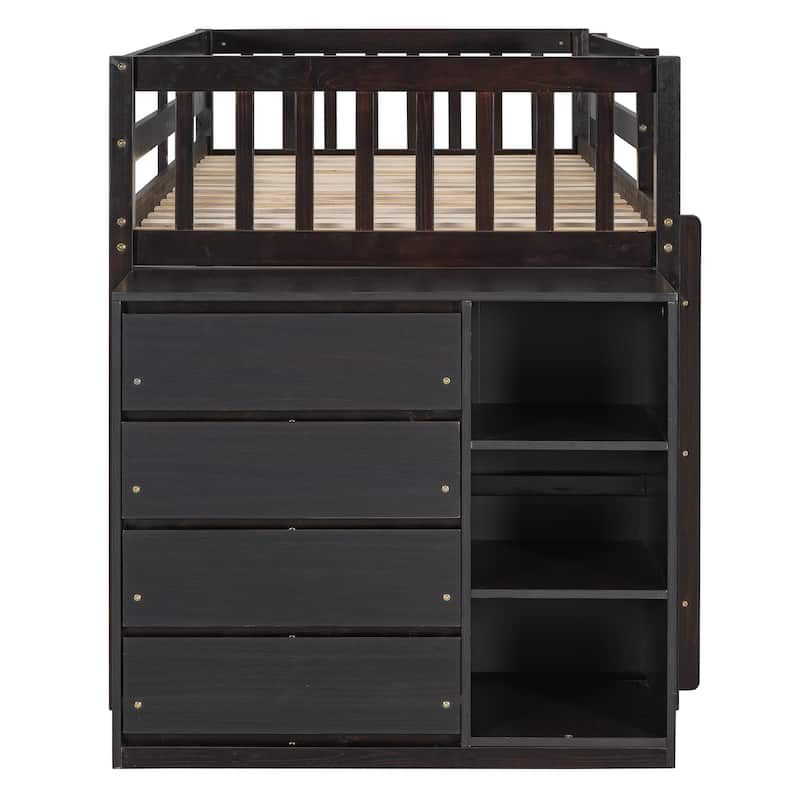 Wood Floor Bunk Beds with 4 Drawers and 3 Shelves, Convertible Side Cabinets and Ladders, Solid Wood Bunkbed Frame for Bedroom