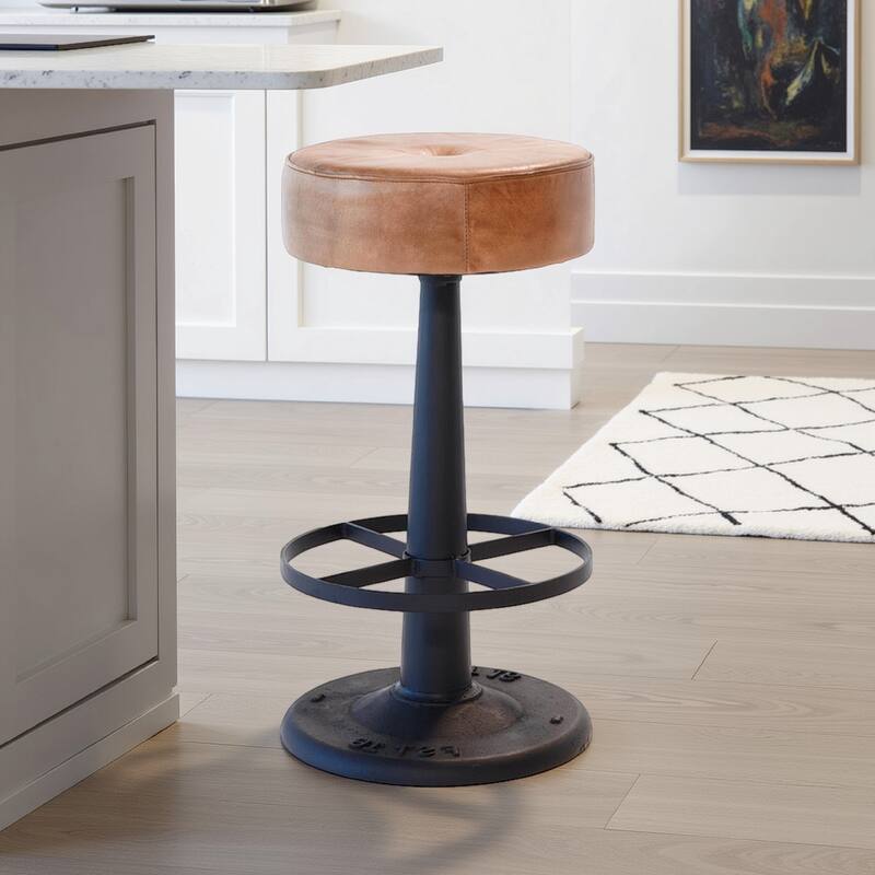 Counter Stool, Brown Goat Leather, Round Footrest, Black Iron Pedestal