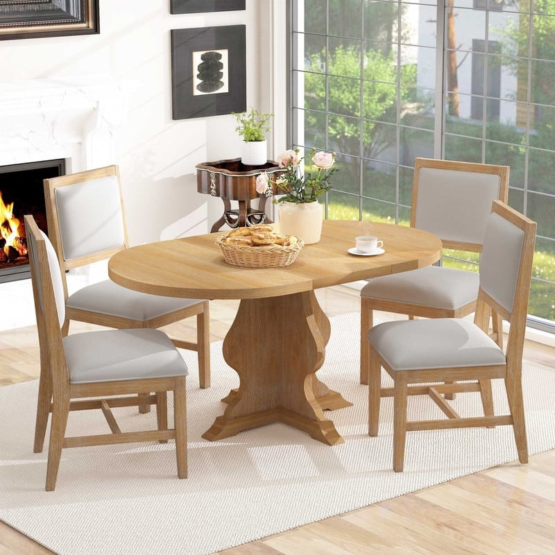 Farmhouse 5-Piece Dining Table Set with Upholstered Chairs and Extendable Dining Table for Dining Room, Kitchen and Living Room - Natural Wood Wash