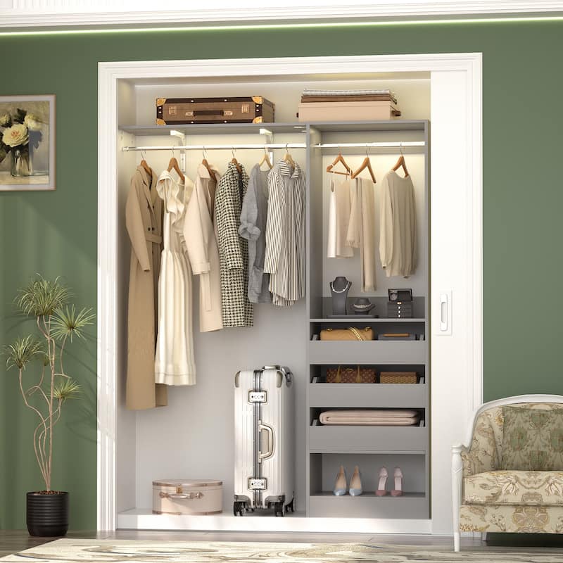 20"-60" Closet System with 3 Wooden Drawers and Sturdy Shelves and Retractable Rods