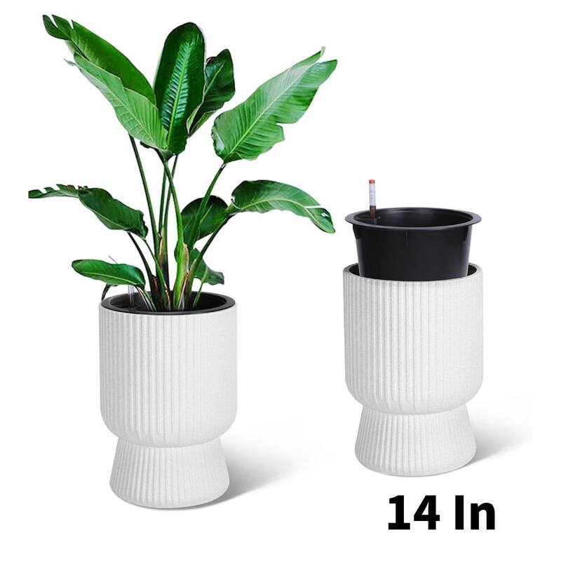 14" Set of 2 Self-Watering Planters, Flower Pots for Front Porch, Patio & Garden - White