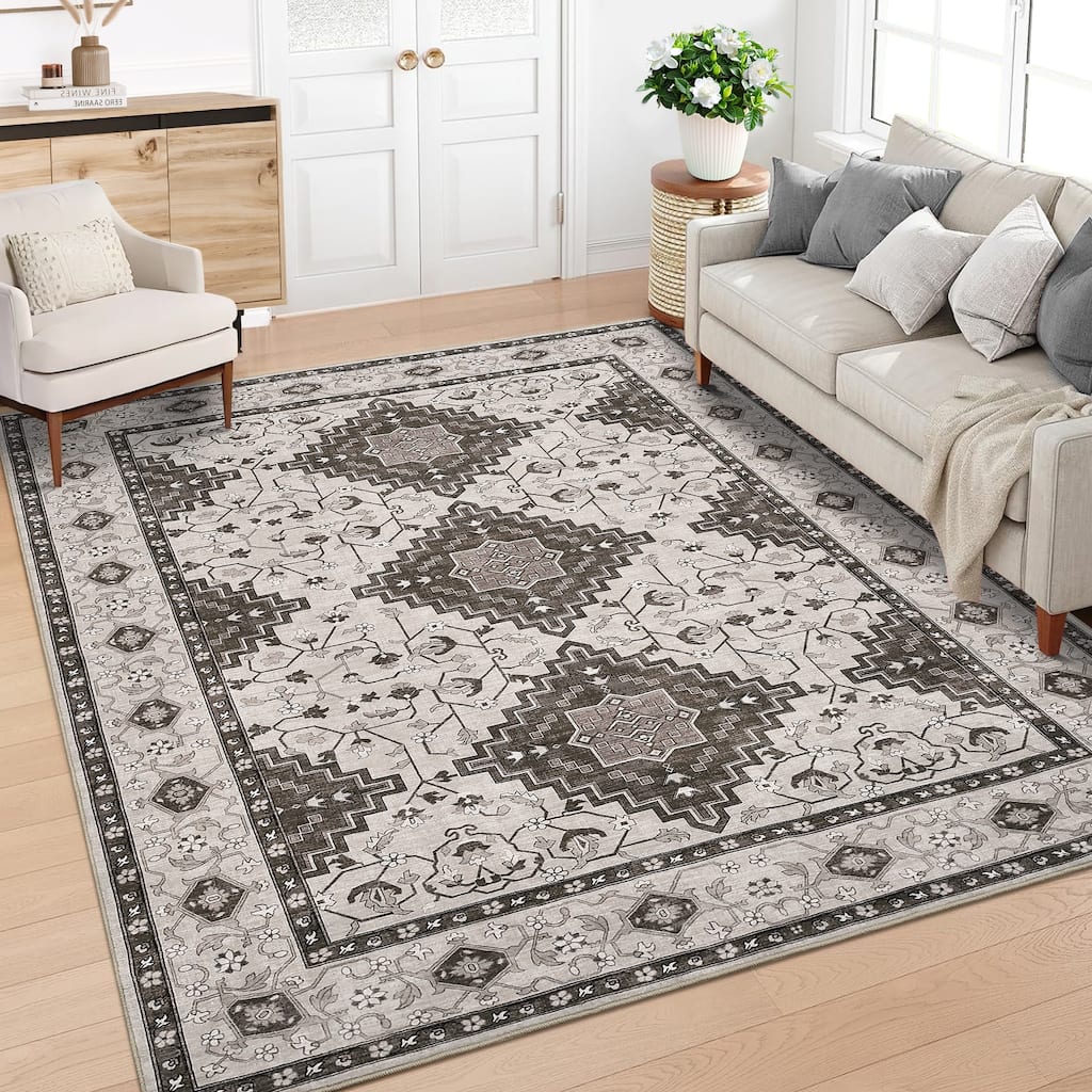 Washable Area Rug Vintage Boho Rug Low Pile Non-Slip Area Rugs Soft Foldable Indoor Carpet