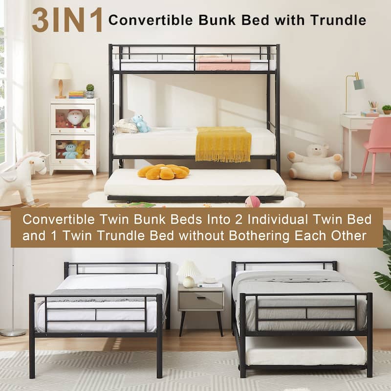 Twin Over Twin Bunk Bed with Trundle, Detachable Twin Bunk Beds w/ 2 Side Ladders & Full-Length Guardrails