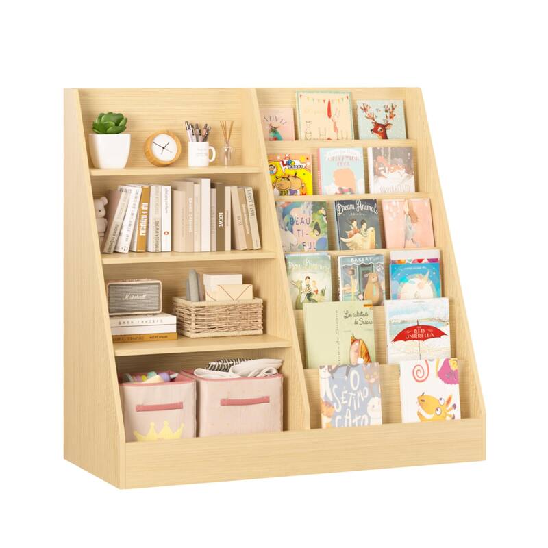 Kids Bookshelf and Toy Storage Organizer, Multifunctional 4 Tier Wooden Kids Book Shelf with Bookcase Display Stand