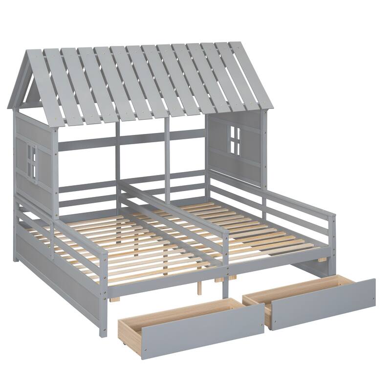 Wood Twin Size House Platform Beds with Two Storage Drawers, Roof Wooden Support Bed Frame, No Box Spring Needed for Boys