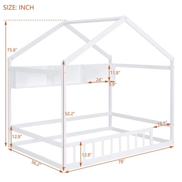 dimension image slide 0 of 2, Wooden House Bed with Storage Shelf, Kids Bed with Fence & Roof