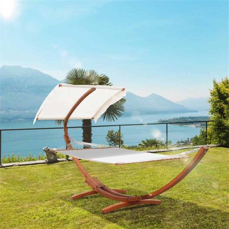 Wooden Hammock with Stand and Sun Canopy and Large Cotton Bed for Indoor Outdoor Relaxation - 157.5"L x 59"W x 84.75"H