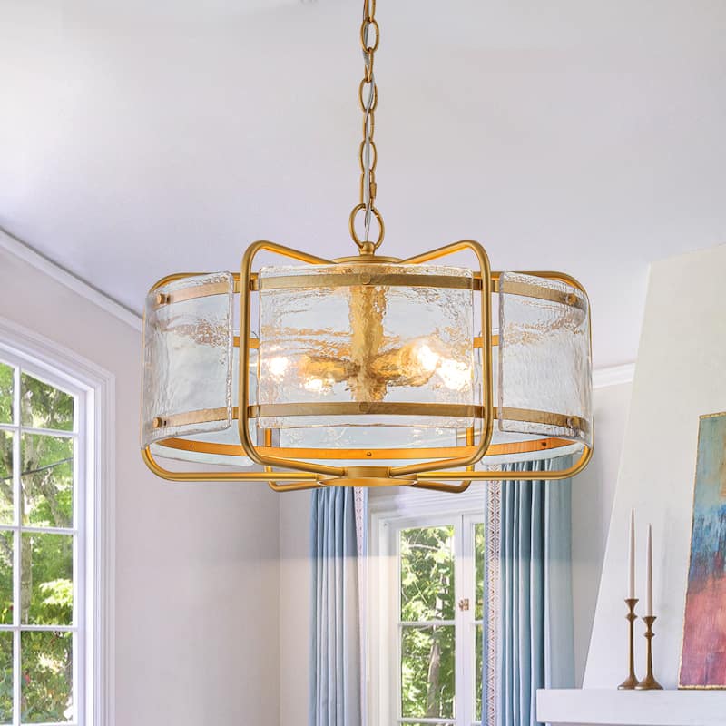 4-Light Lantern Drum Textured Glass Pendant Light - Gold