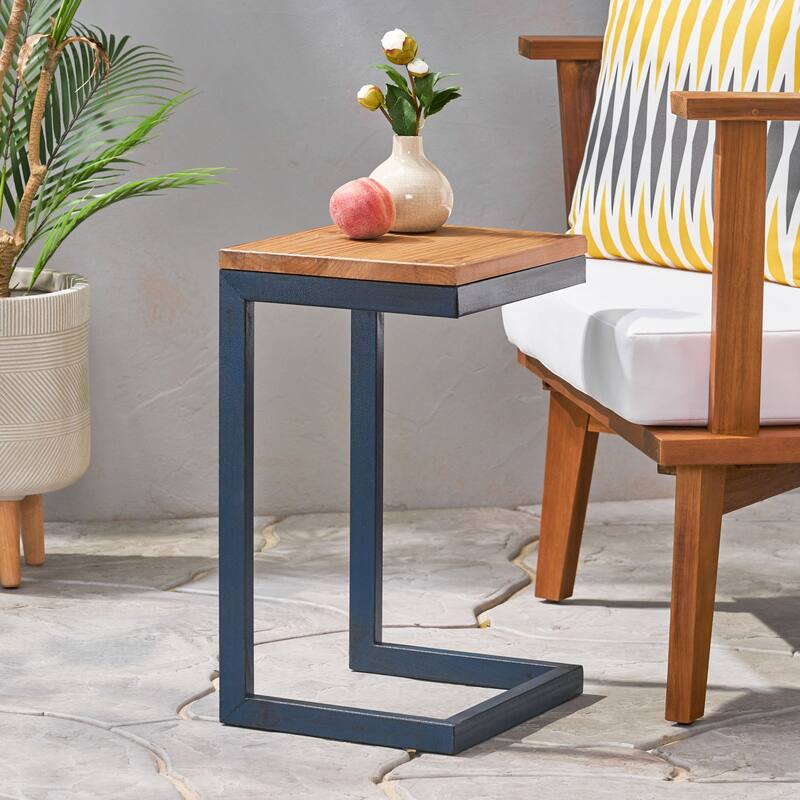 12.75" Modern C-shaped Accent Table with Dark Iron Base and Natural Fir Wood Top