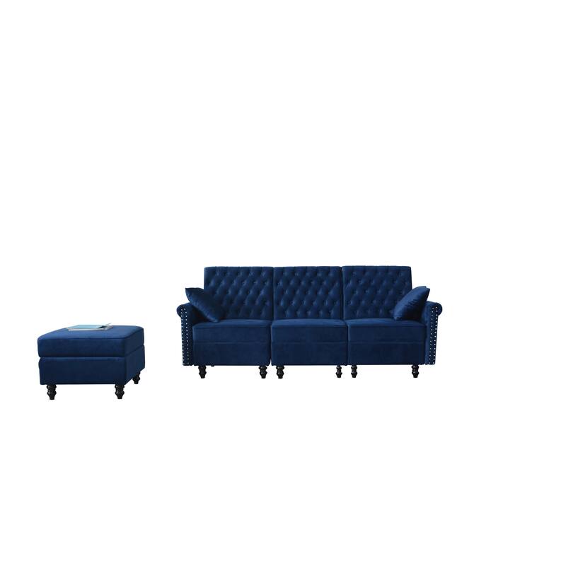 Blue Velvet Recliner Sectional Sofa with Storage Stool On Sale Bed