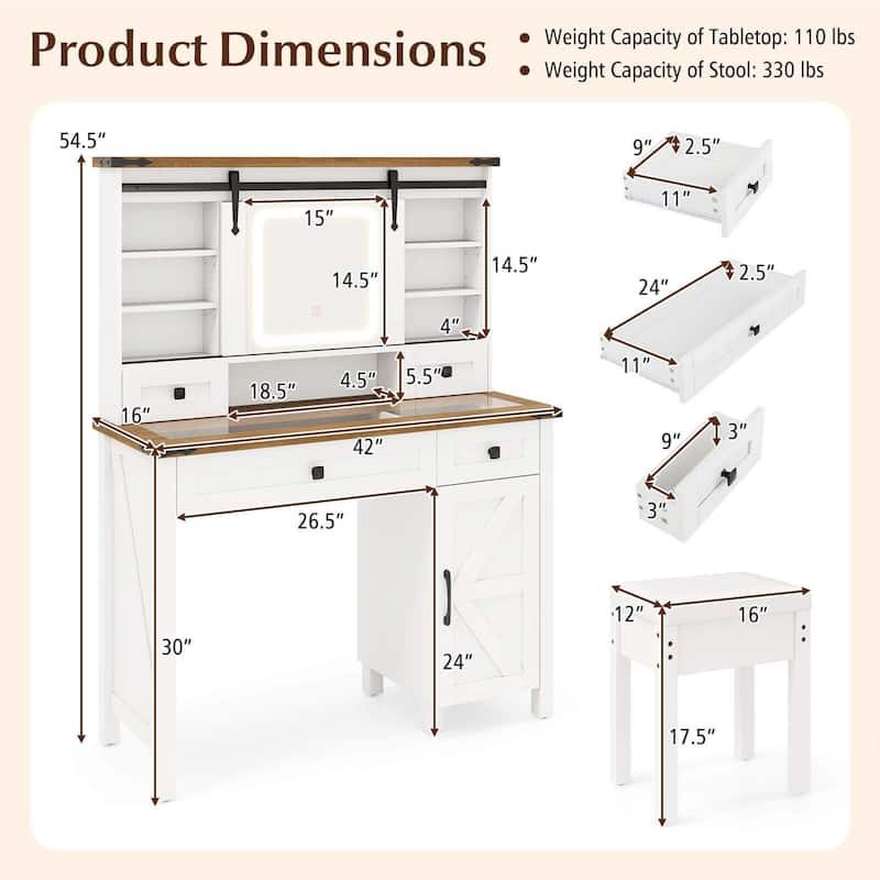 42'' Farmhouse Makeup Table & Stool Vanity Set w/ Mirror & Lights