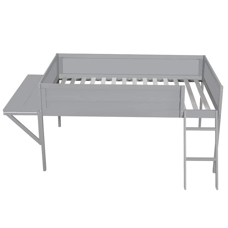 Grey Full Size Wooden Loft Bed with Built-in Gaming Desk, Multi-Color LED Lighting, and Space-Saving Design for Kids and Teens