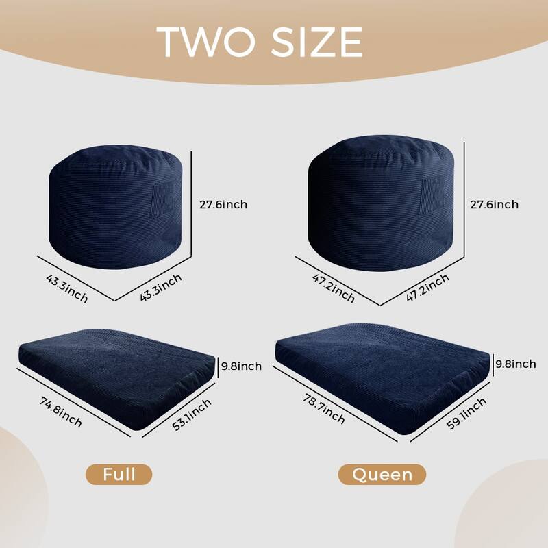 Giant Bean Bag, Corduroy Convertible Beanbag Folds from Lazy Chair to Floor Mattress Bed