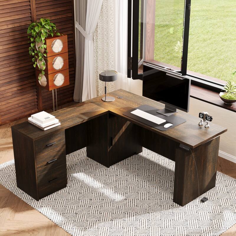63" L Shaped Electric Standing Desk with Storage Drawers – Height Adjustable Executive Desk, Dark Brown Wood