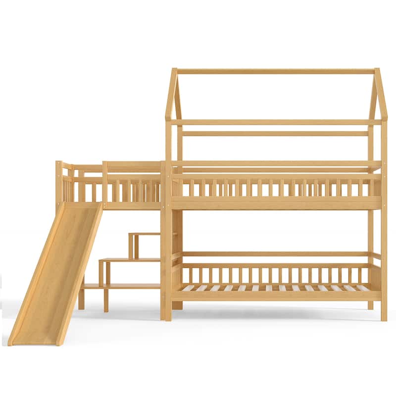 Twin House-shaped Bunk bed with Slide,Playhouse Bed with Storage Stairs, Two Placement Methods, Noise-free Design, Natural