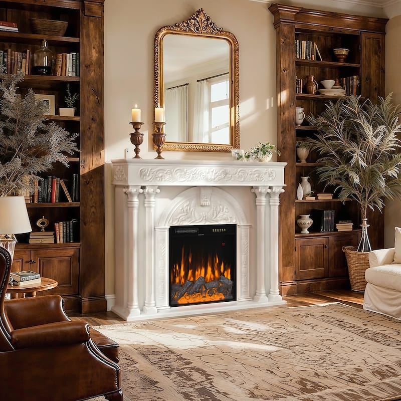 Solid Wood Electric Fireplace TV Stand with 12-Color LED Flame, White Wood Cabinet with Roman Columns, 1500W Heater