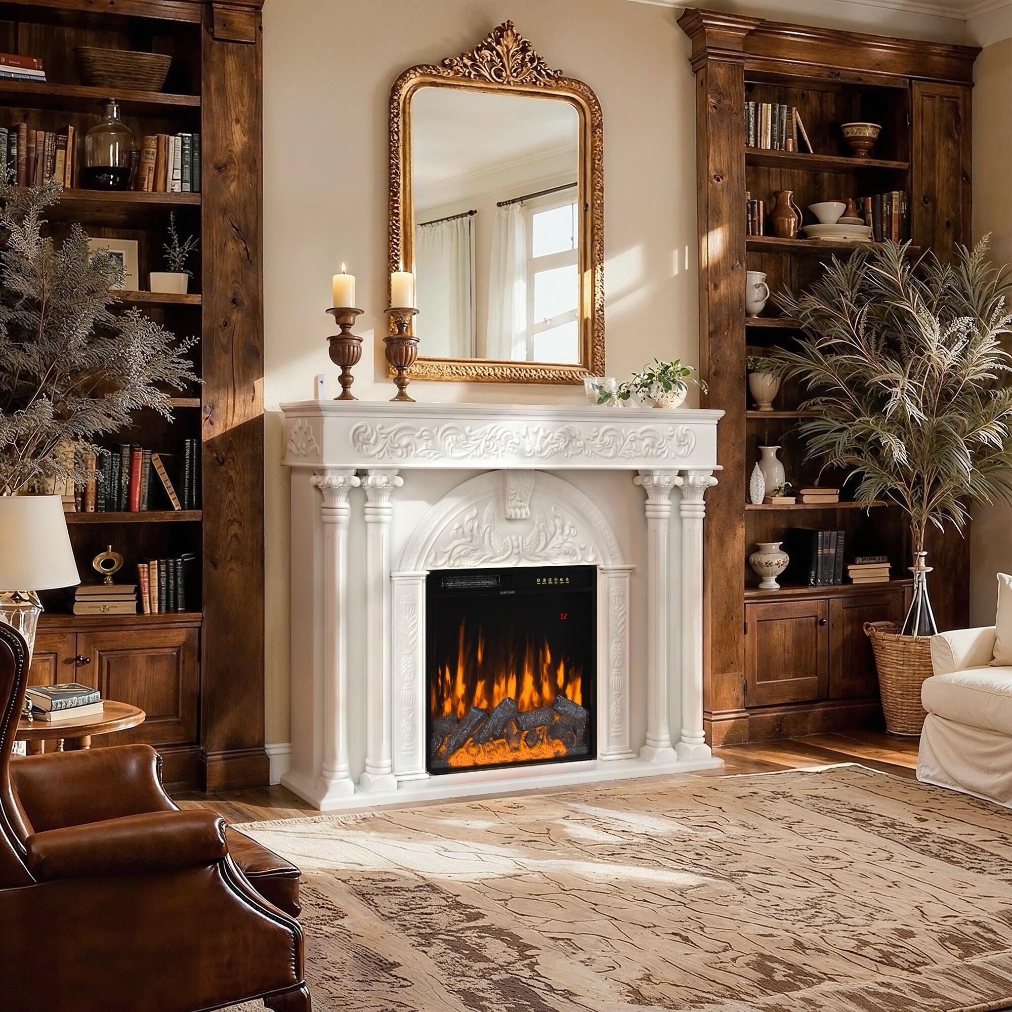 Solid Wood Electric Fireplace TV Stand with 12-Color LED Flame