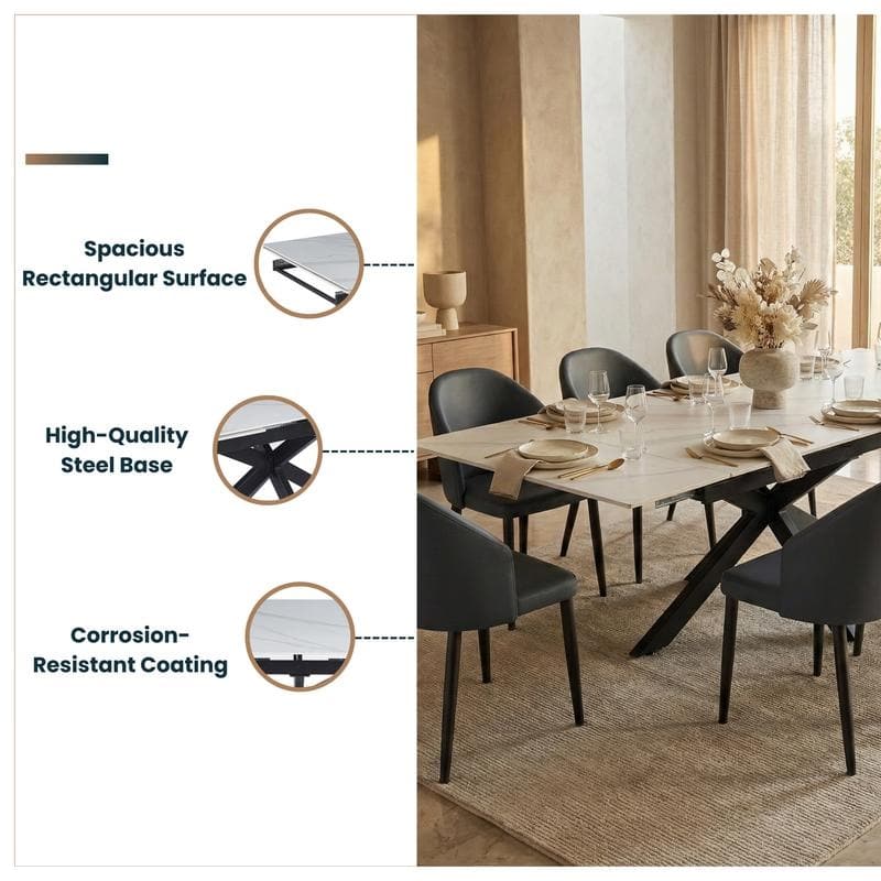 Luvic Extendable Sintered Stone Dining Table - Modern Rectangular Table with Steel Cross-Base