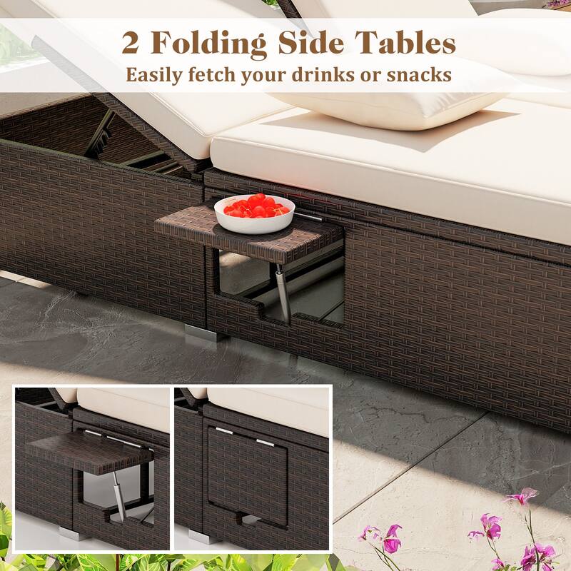 Comfortable Double Chaise Lounge with Cushions and Folding Side Tables Perfect Outdoor Relaxation - 76” L x 43” W x 13”-38” H