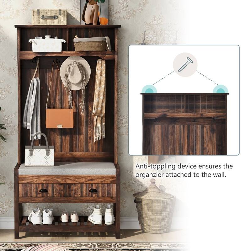 3-in-1 Design Hall Tree with 4 Hooks,Hinged Lid,Coat Hanger and Storage Bench