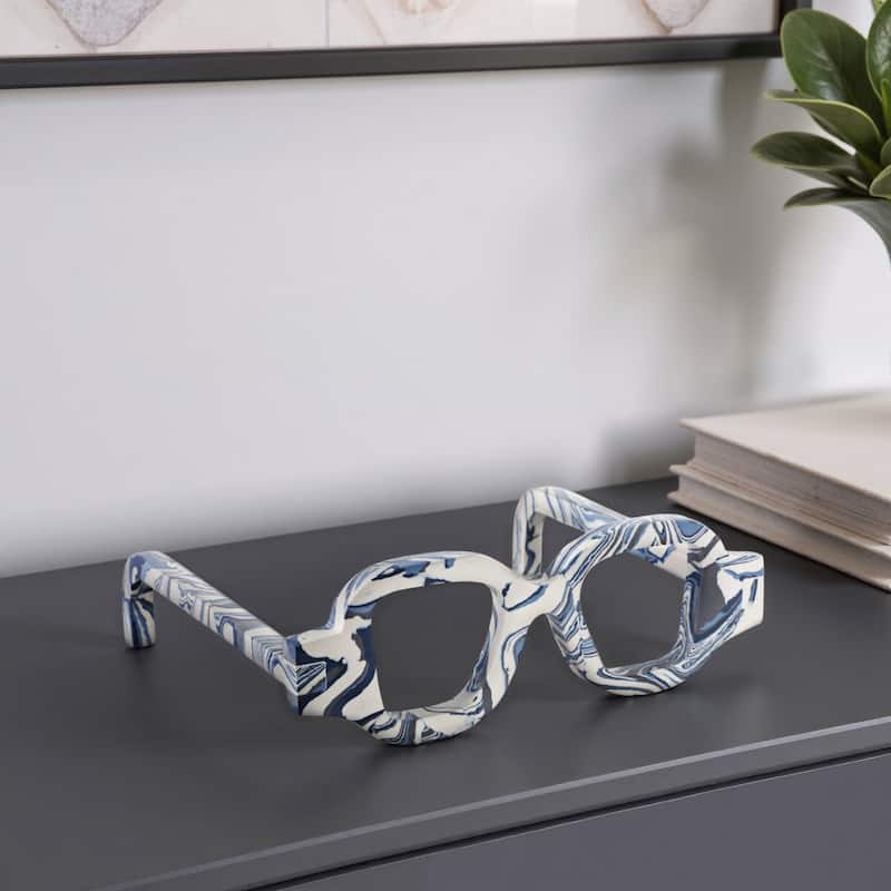 Stone Decorative Object Eyeglasses Shape Carved Sculptural Accent - 9" x 8" x 3" - Blue