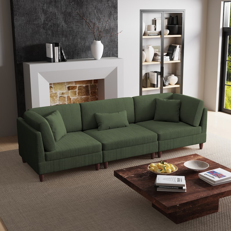 Corduroy Modular Sectional Sofa Set With Pillows - Green-3 Piece