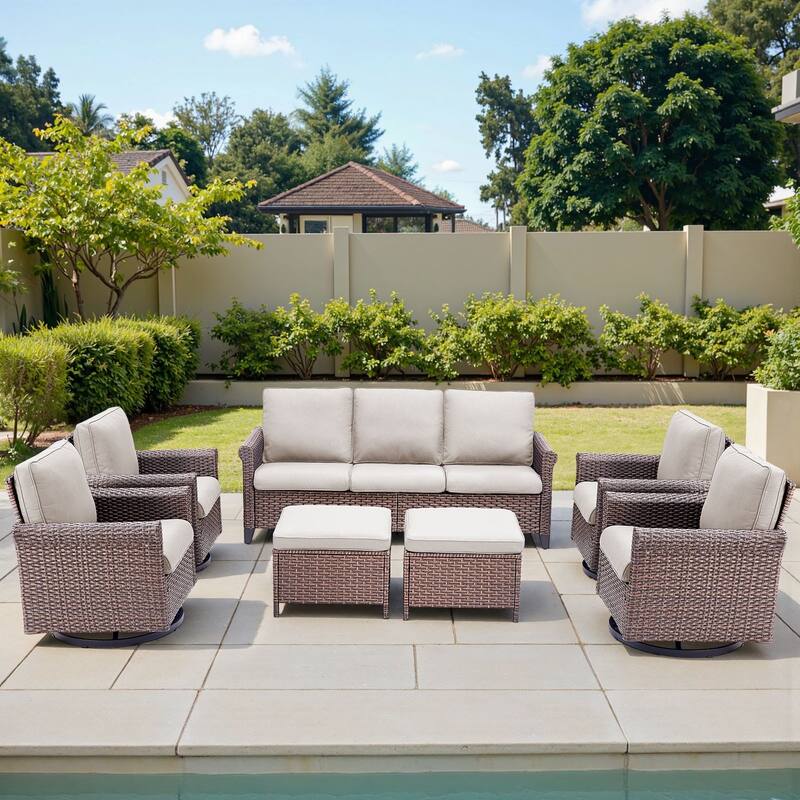 Pocassy Outdoor Sofa Swivel Chairs Patio Chair Funiture Set - 7PCS Sofa Swivel Chair w/ Ottoman - Brown Wicker Blue Cushion