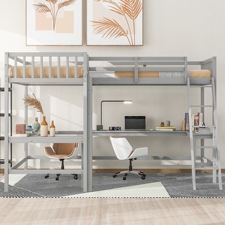 Twin Size L-Shaped Loft Bed with 2 Built-in Desks and 2 Ladders, Wooden Double High Loftbeds Frame for 2, for Kids Teens Bedroom
