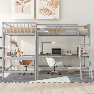 Wood Twin L-Shaped Loft Bed with Desks, Ladder, No Box Spring, Grey