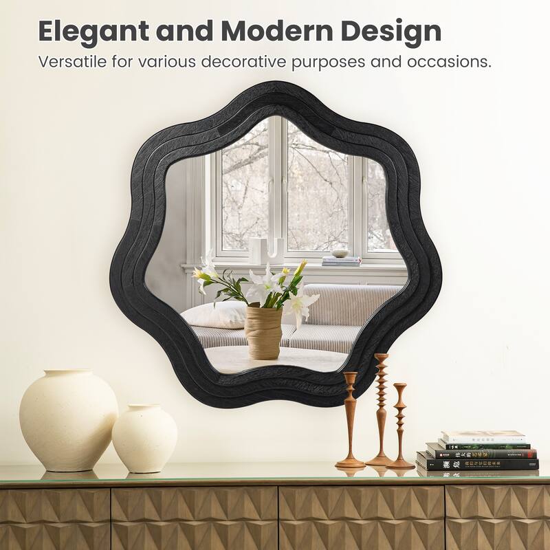 Glitzhome 33.5"D Modern Black Tripled Wood Frame Wavy Wall Mirror