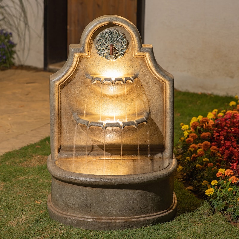 Glitzhome 37.25"H Oversized 3-Tier Single Spout European Style Polyresin Wall Fountain with LED Lights - Brown