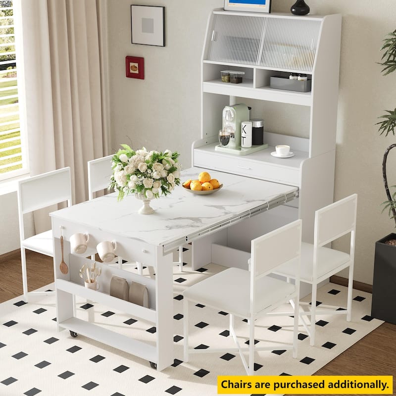 Multifunctional Cupboard Buffet with Storage Shelf,Side Hooks,Hutch and Foldable Dining Table
