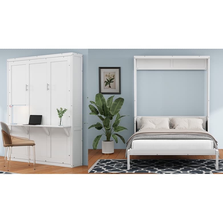 European Style Murphy Bed with Dual Piston System and Side Cabinet, Space-Saving Foldable Wall Bed Wood Bed Frame