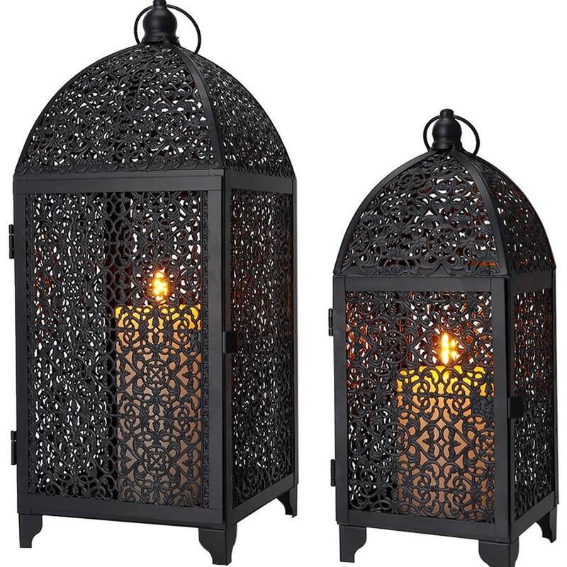 Set of Two Black Metal Filigree Tabletop Lantern Candle Holders