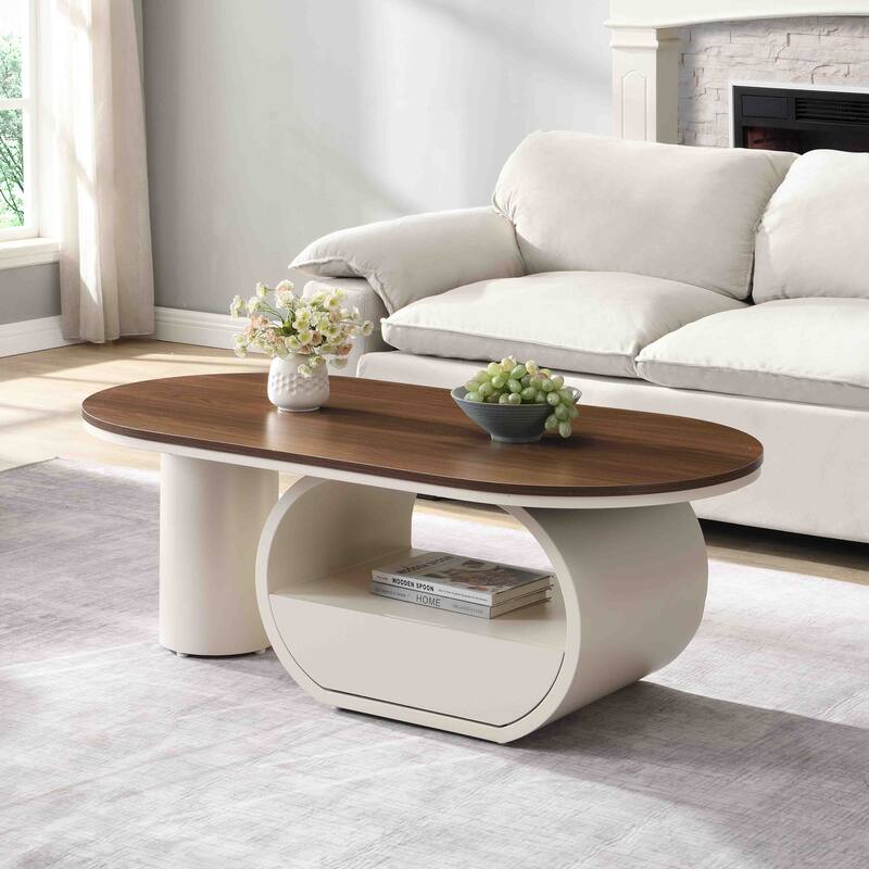 Luxury Industrial Oval Coffee Table, 47.24'' Coffee Table with Storage Drawer, Metal Center Table for Living Room - Beige