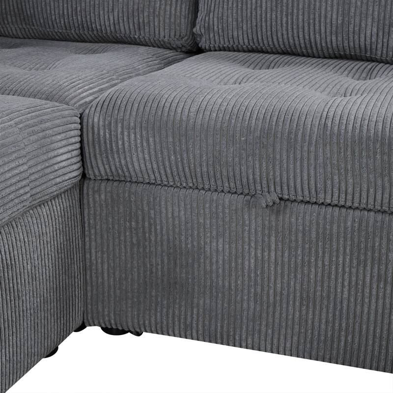107.5" U-Shaped Corduroy Sectional Sofa with Pull-Out Bed, Storage Chaise, USB Ports and Power Sockets (5-Seater)