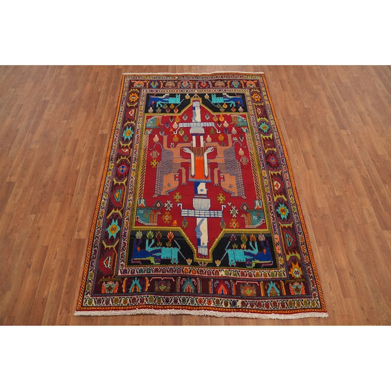 Hand Knotted Oriental 100% Wool Carpet Traditional Tribal Red Shiraz Area Rug - 7' 7'' X 4' 11''