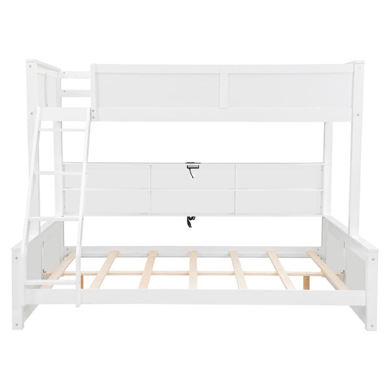 Twin XL / Full XL over Queen Size Bunk Bed with Storage Cabinets and Ladder, Multi-functional Kids Bed Frame with USB Ports
