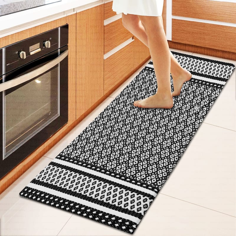 Woven Cotton Anti-Fatigue Anti-Skid Cushioned Mats - Versatile Comfort for Kitchen, Doormat, and Bathroom - 18''X48'' - Black