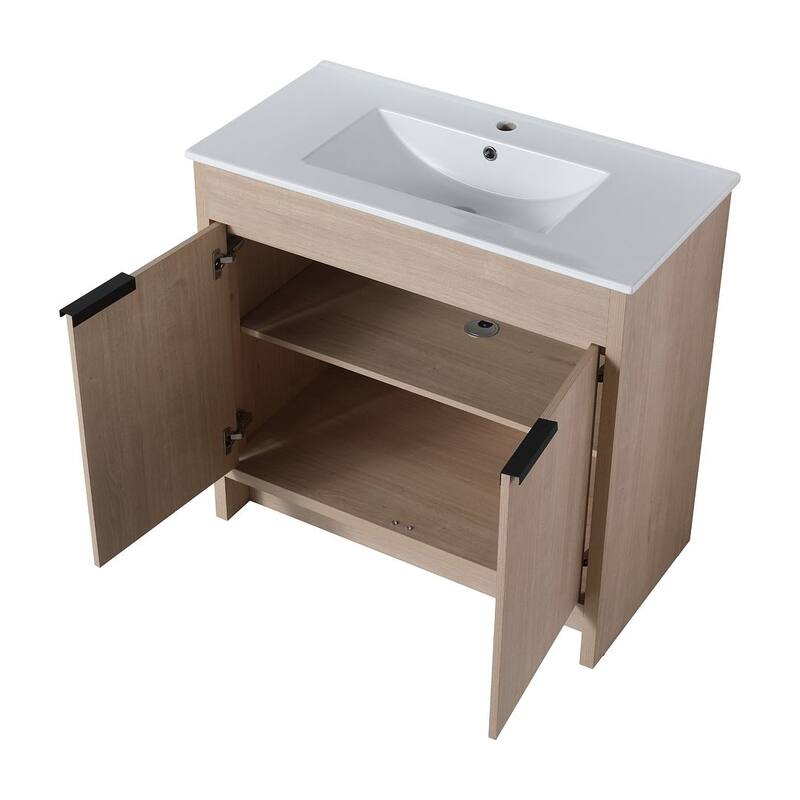 24", 30", 36" Freestanding Bathroom Vanity with White Ceramic Sink & Soft-Close Doors