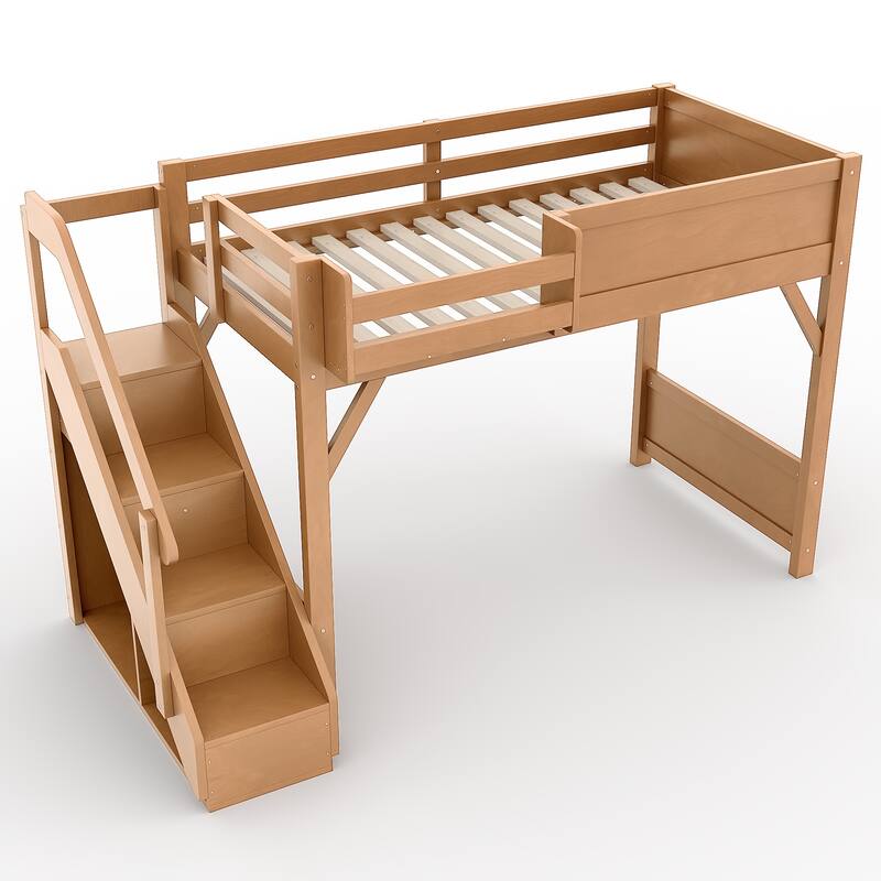 Full/Twin Loft Bed with Built-in Wardrobe, Storage & Stairs - Solid Wood, Full-Length Guardrails, No Box Spring