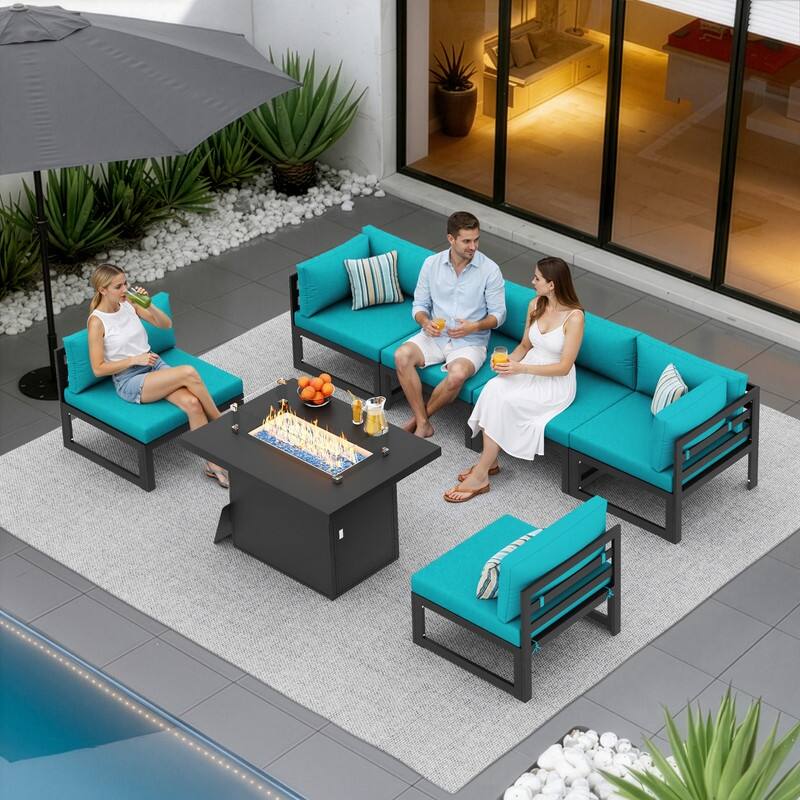 7 Piece Aluminum Patio Furniture Set with Fire Pit Propane/Gas, 29 inch Deep Wide Seat Aluminum Outdoor Sectional