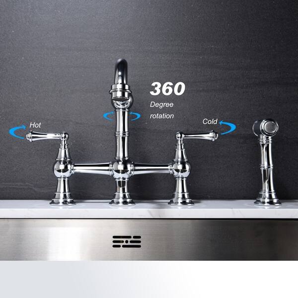 Traditional 4 Hole 2 Handle Classic Bridge Kitchen Faucet w/Side Spray